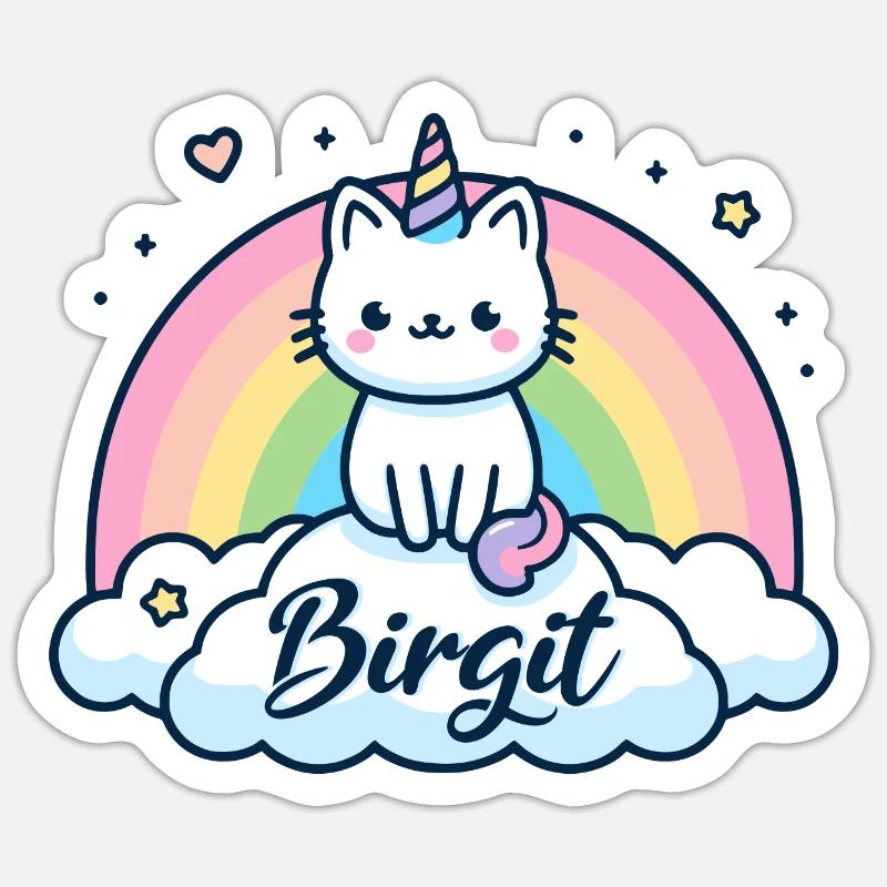 Birgit Nom Prénom Licorne Chat Sticker taille S (10 x 10 cm)