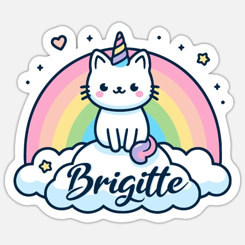 Brigitte Nom Prénom Licorne Chat - Sticker taille S (10 x 10 cm) - blanc mat