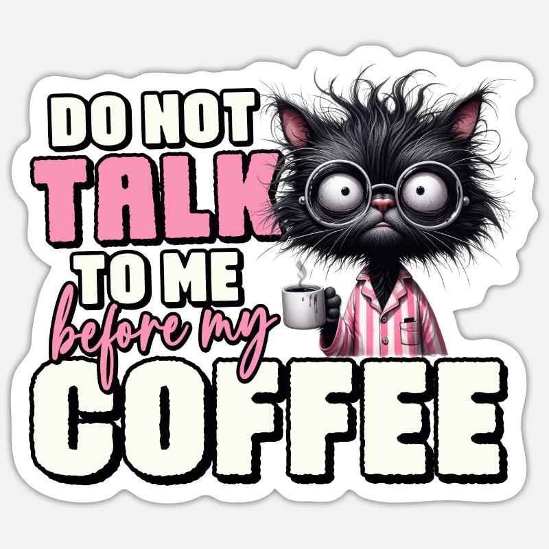 Morgenmuffel Katze mit Kaffee - Sticker Größe S (10 x 10 cm) - Mattweiß