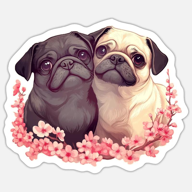 Süßes Mopspaar - Sticker Größe S (10 x 10 cm) - Mattweiß