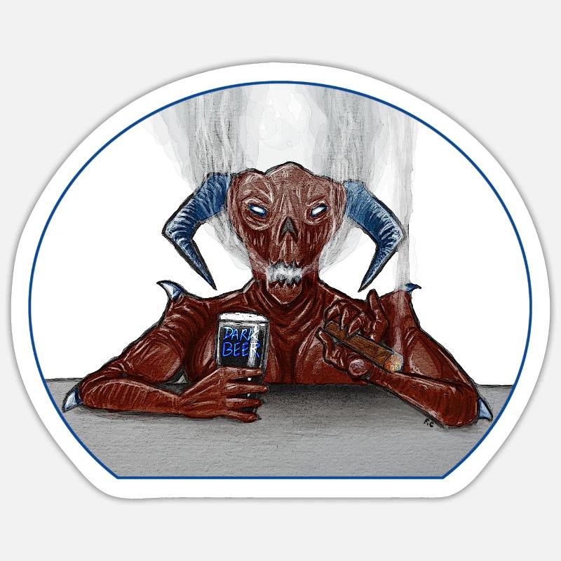 Dämon auf der Terrasse mit Bier und Zigarre Sticker Größe S (10 x 10 cm)