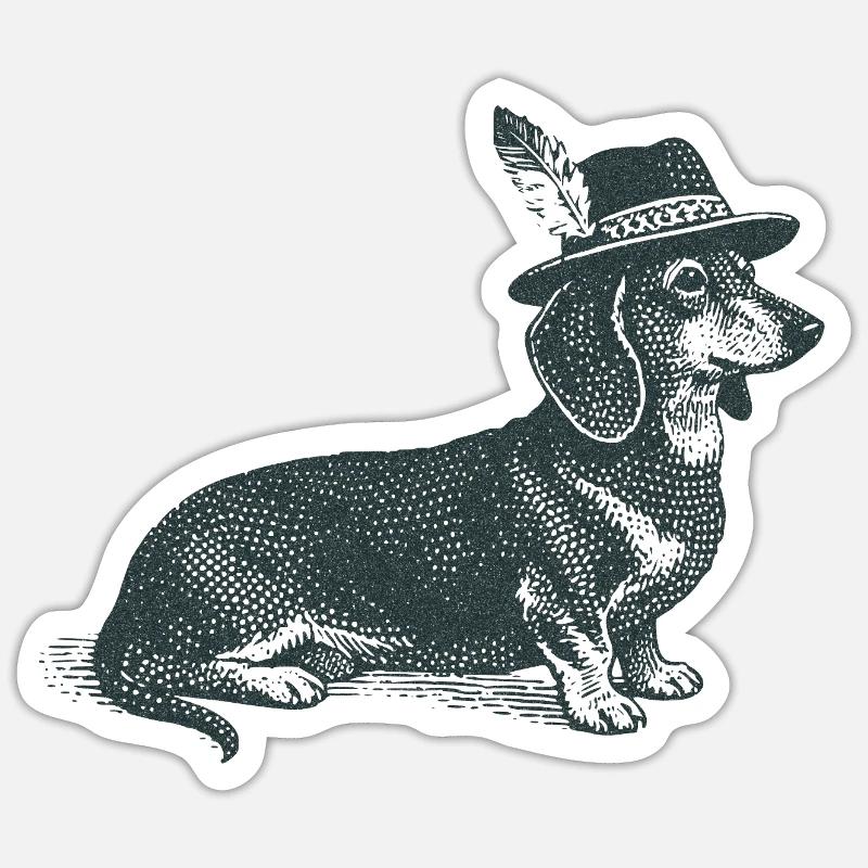 Teckel avec chapeau - Sticker taille S (10 x 10 cm) - blanc mat