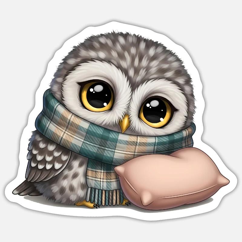 Hibou avec écharpe et oreiller - Sticker taille S (10 x 10 cm) - blanc mat