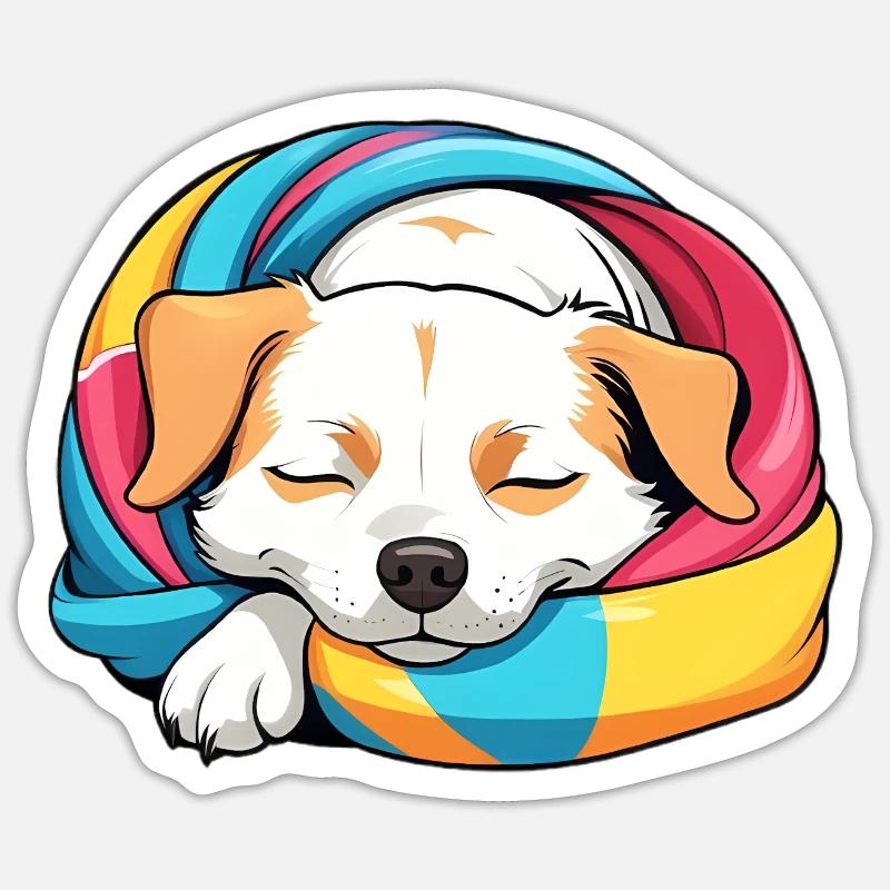 Chiot endormi Écharpe arc-en-ciel - Sticker taille S (10 x 10 cm) - blanc mat