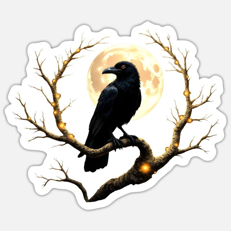 Night Crow Under Full Moon - Sticker size S (10 x 10 cm) - white matte