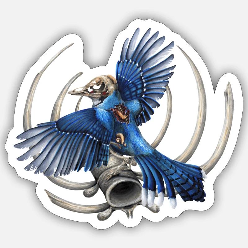 Oiseau Crâne Bleu - Sticker taille S (10 x 10 cm) - blanc mat