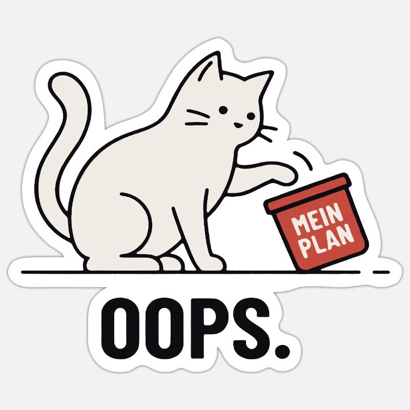 Mein Plan… Oops – Lustige Katze - Sticker Größe S (10 x 10 cm) - Mattweiß