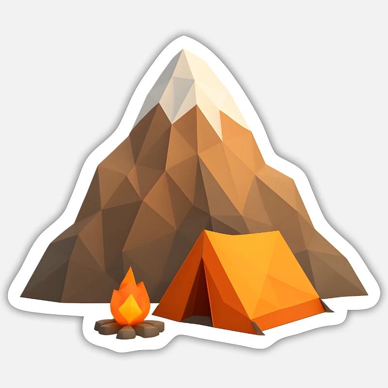 Low-Poly Berglager mit Zelt und Feuer - Sticker Größe S (10 x 10 cm) - Mattweiß