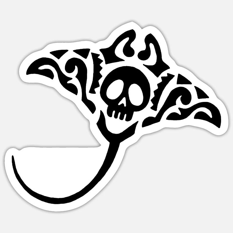 Manta Ray und Schädel (Schwarz) - Sticker Größe S (10 x 10 cm) - Mattweiß
