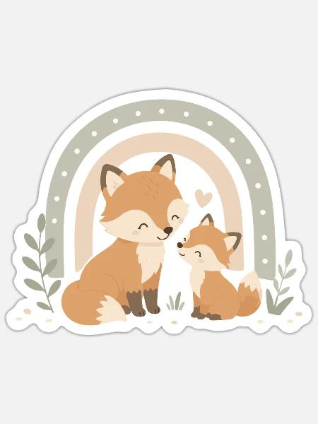 Fuchs & Kind – Boho Regenbogen Familienliebe - Sticker Größe S (10 x 10 cm) - Mattweiß