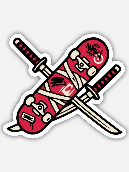 Skateboard Katana Wappen Logo - Sticker Größe S (10 x 10 cm) - Mattweiß