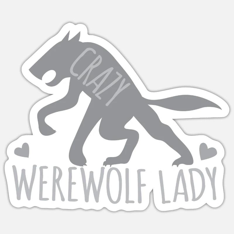Verrückte Werwolfdame mit grauem gehendem Wolf - Sticker Größe S (10 x 10 cm) - Mattweiß