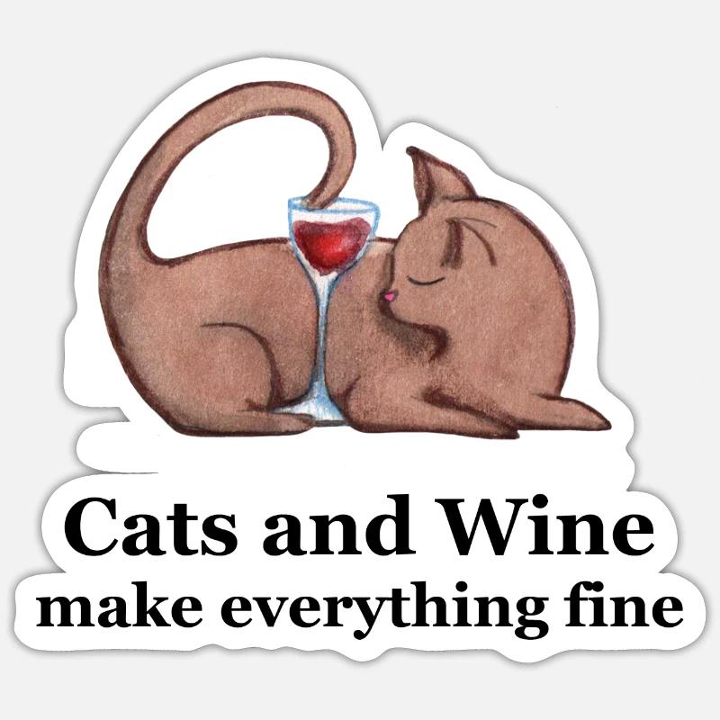 Chats et vin - Sticker taille S (10 x 10 cm) - blanc mat