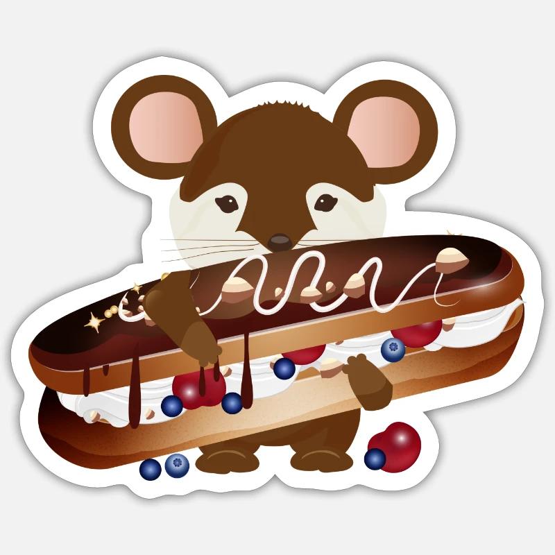 cute mouse with delicious chocolate éclair Sticker size S (10 x 10 cm)