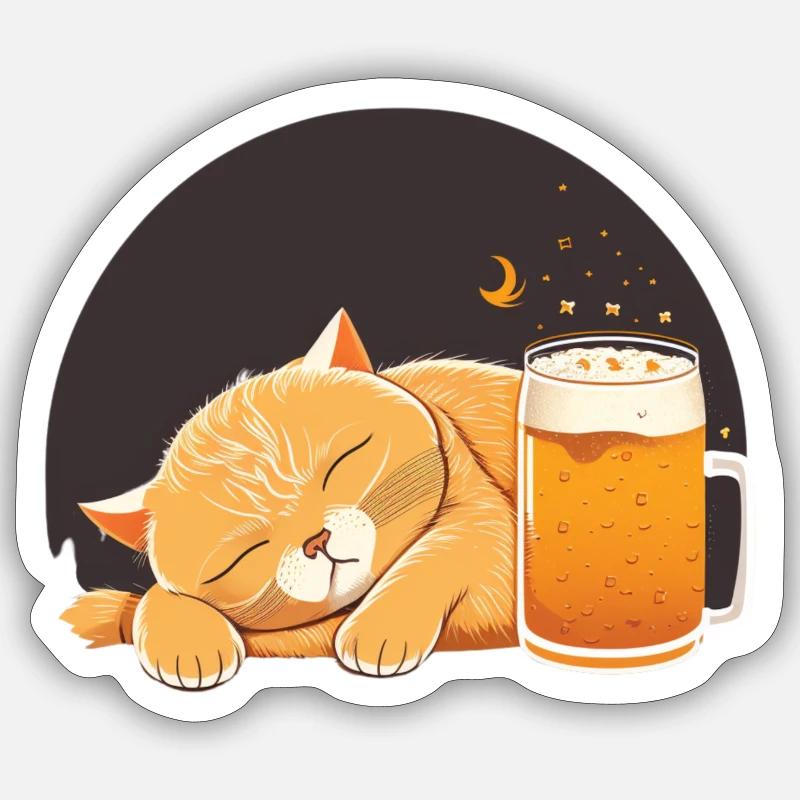 Sleeping cat with beer - Sticker size S (10 x 10 cm) - white matte