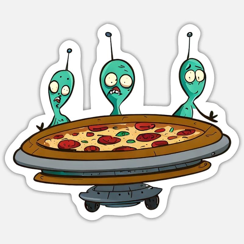 Pizza UFO avec Alien Crew - Sticker taille S (10 x 10 cm) - blanc mat