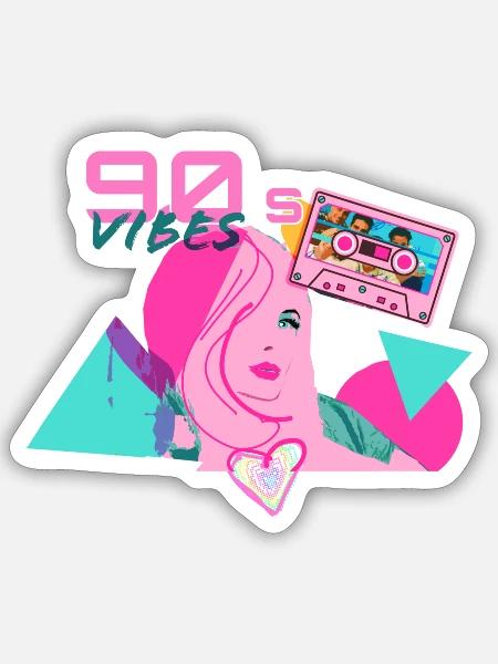 retro, 90's,90er,vibes, neon, kassette - Sticker Größe S (10 x 10 cm) - Mattweiß