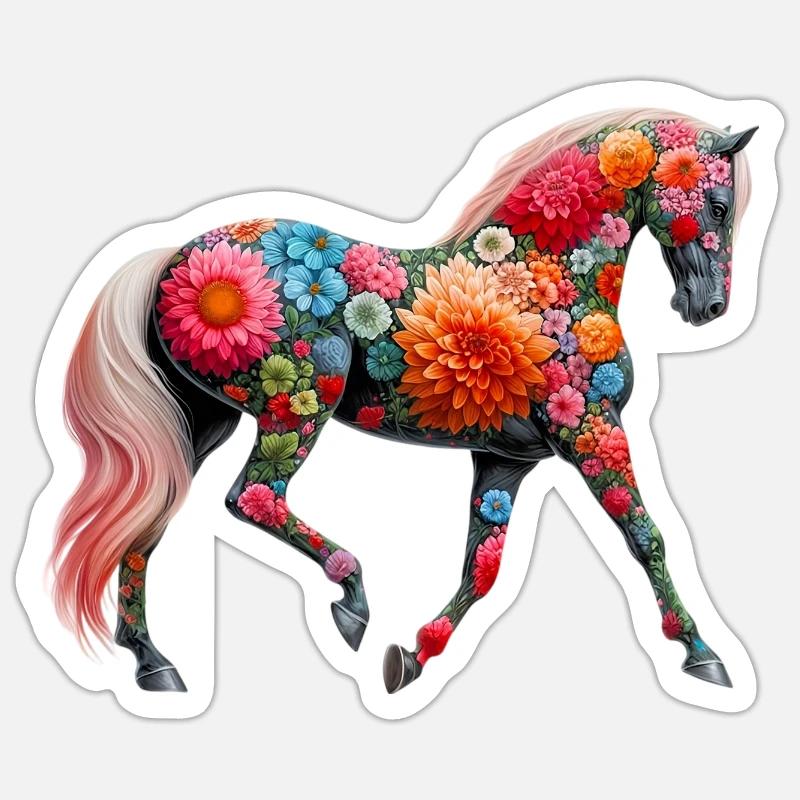 Cheval décoré de fleurs Sticker taille S (10 x 10 cm)
