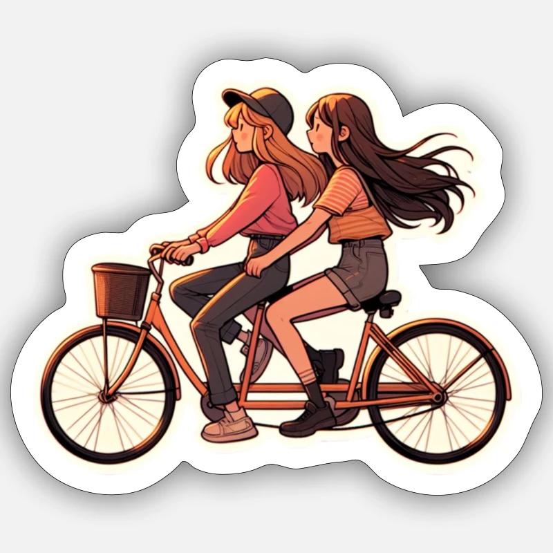 Deux filles montent en tandem - Sticker taille S (10 x 10 cm) - blanc mat