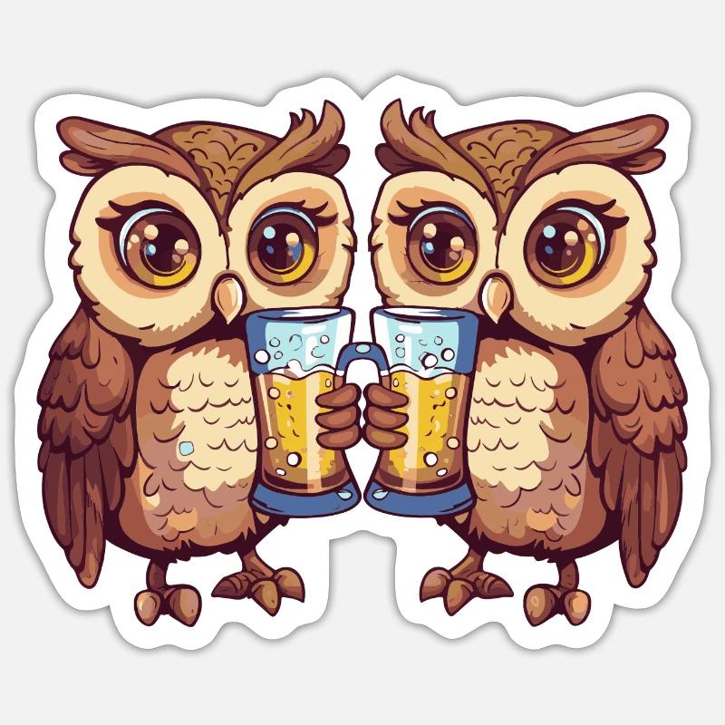 Eule Comic Bier Lustig Saufen - Sticker Größe S (10 x 10 cm) - Mattweiß