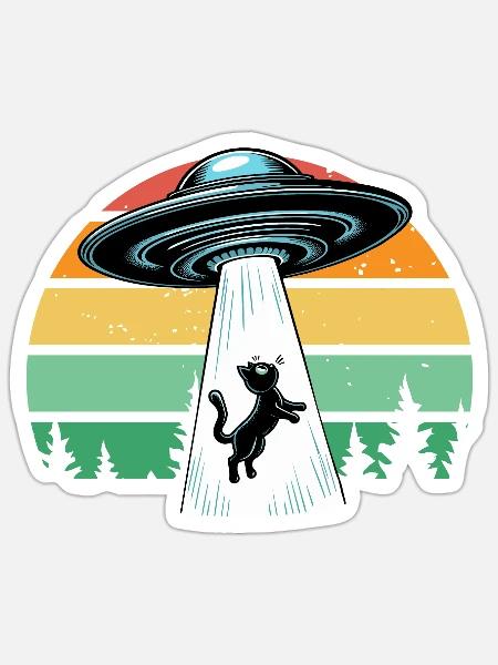 Katze Ufo Weltraum Raumschiff Retro Beamen Lustig - Sticker Größe S (10 x 10 cm) - Mattweiß
