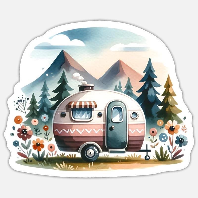 Caravane de camping - Sticker taille S (10 x 10 cm) - blanc mat