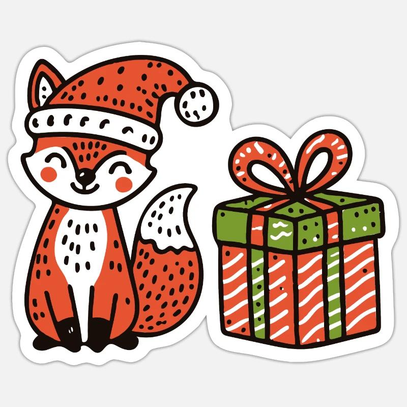 Juleræv med hat og gave - Sticker størrelse S (10 x 10 cm) - mat hvid