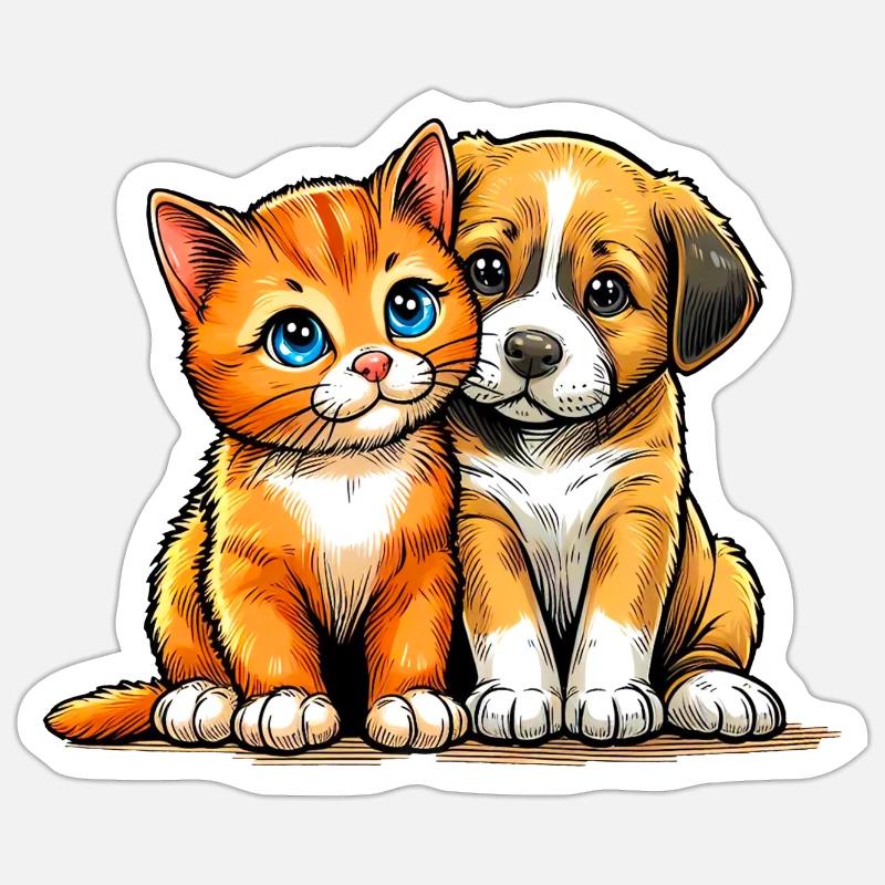 Chien et chat - Sticker taille S (10 x 10 cm) - blanc mat
