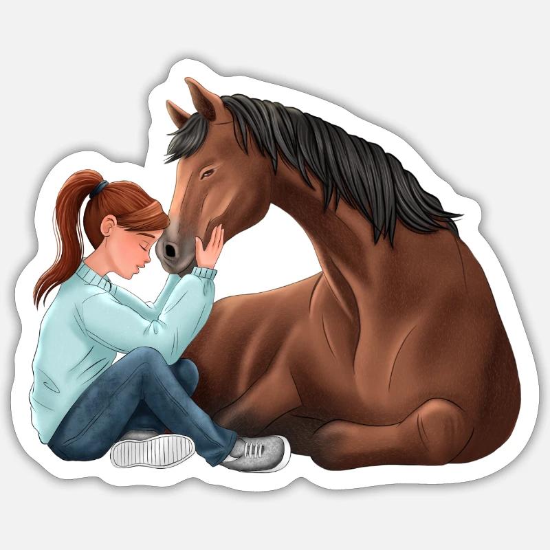 Mädchen mit Pferd – Freundschaftsillustration - Sticker Größe S (10 x 10 cm) - Mattweiß