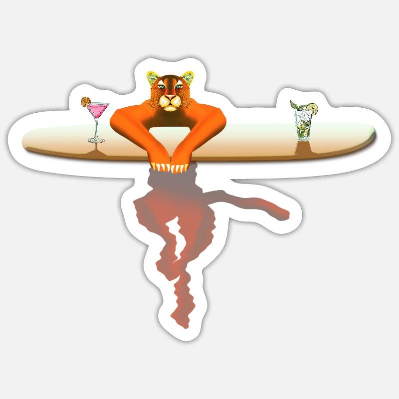 Chat sur une planche de surf - Sticker taille S (10 x 10 cm) - blanc mat