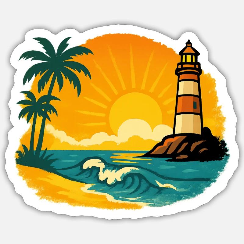 Sunset with lighthouse on tropical beach Sticker size S (10 x 10 cm)