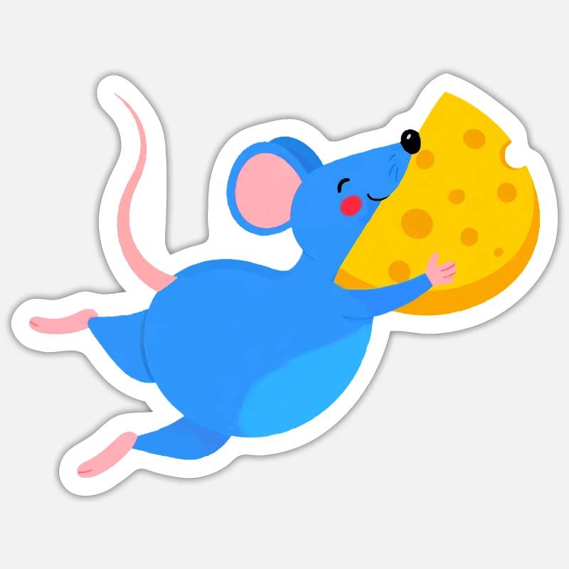 Souris bleue heureuse et fromage jaune - Sticker taille S (10 x 10 cm) - blanc mat