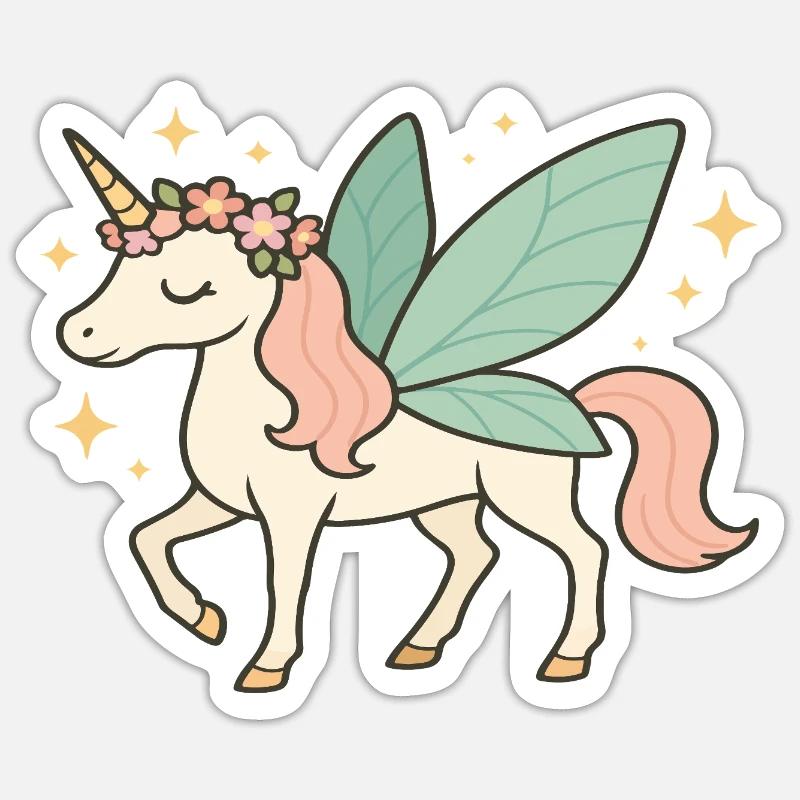 Niedliches Feen-Einhorn mit Blumen und Glitzern - Sticker Größe S (10 x 10 cm) - Mattweiß