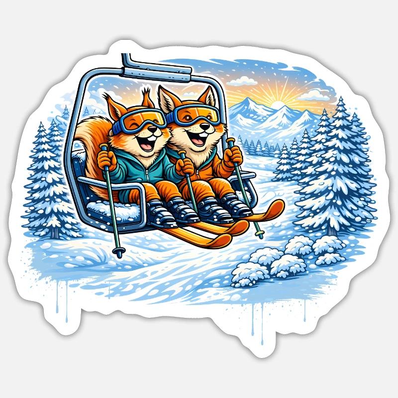 Eichhörnchen & Fuchs im Skilift – Winterspaß - Sticker Größe S (10 x 10 cm) - Mattweiß