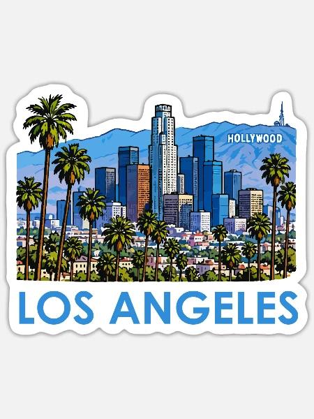 Los Angeles Skyline Palmen Illustration - Sticker Größe S (10 x 10 cm) - Mattweiß