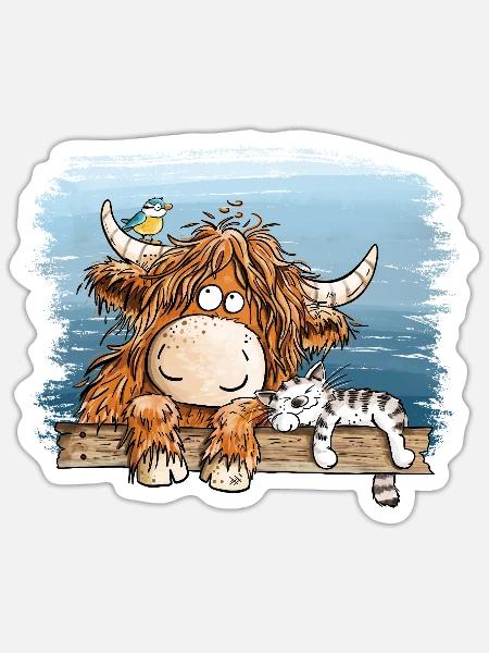 Highland Kuh Mit Katze Bauernhof Tierhumor Cartoon - Sticker Größe S (10 x 10 cm) - Mattweiß