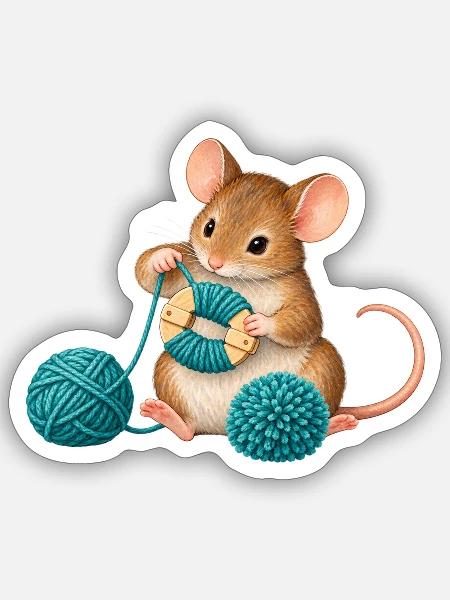 Maus wickelt einen Wollpompon - Sticker Größe S (10 x 10 cm) - Mattweiß