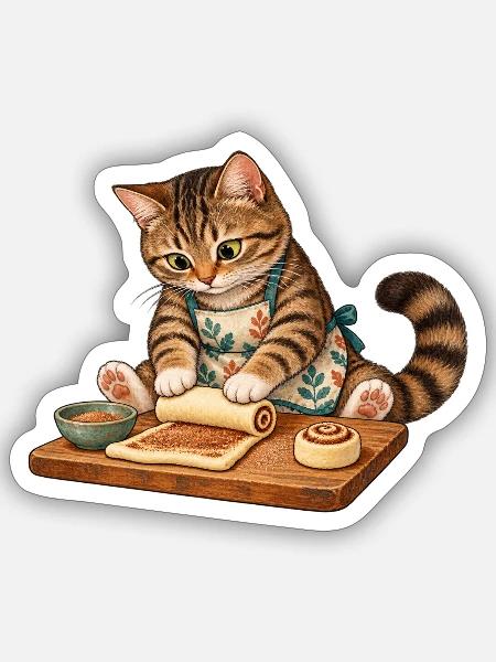 Katze rollt Zimtschnecken - Sticker Größe S (10 x 10 cm) - Mattweiß