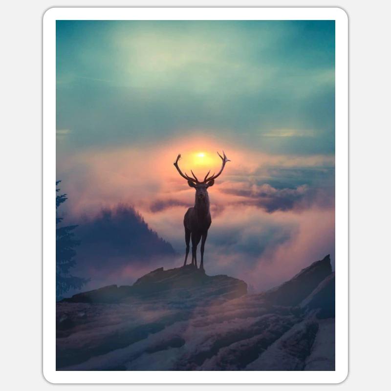 Cerf du soleil - Sticker taille S (10 x 10 cm) - blanc mat