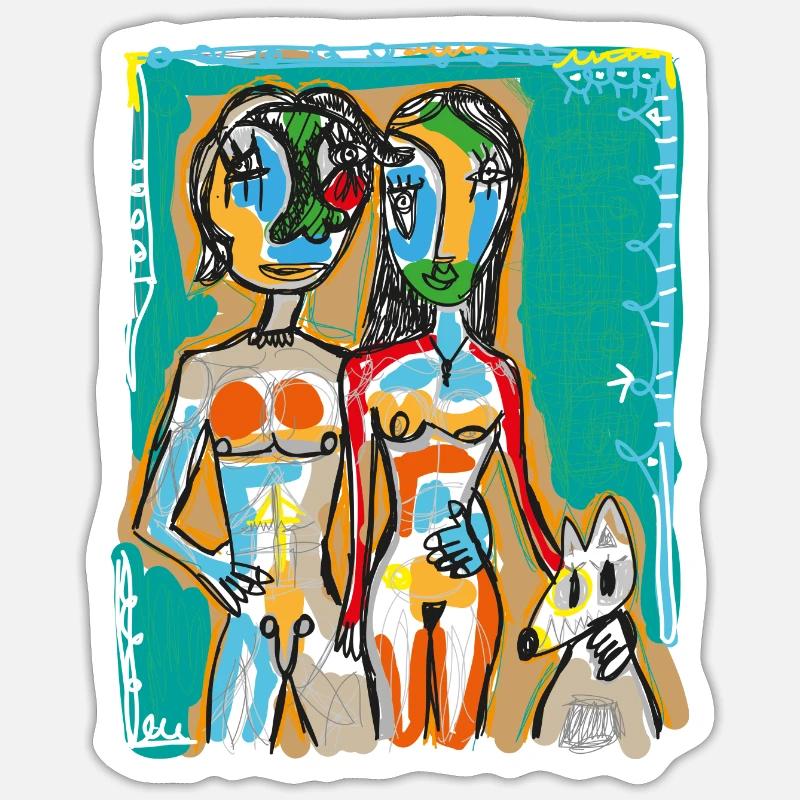 Couple avec chien - Sticker taille S (10 x 10 cm) - blanc mat