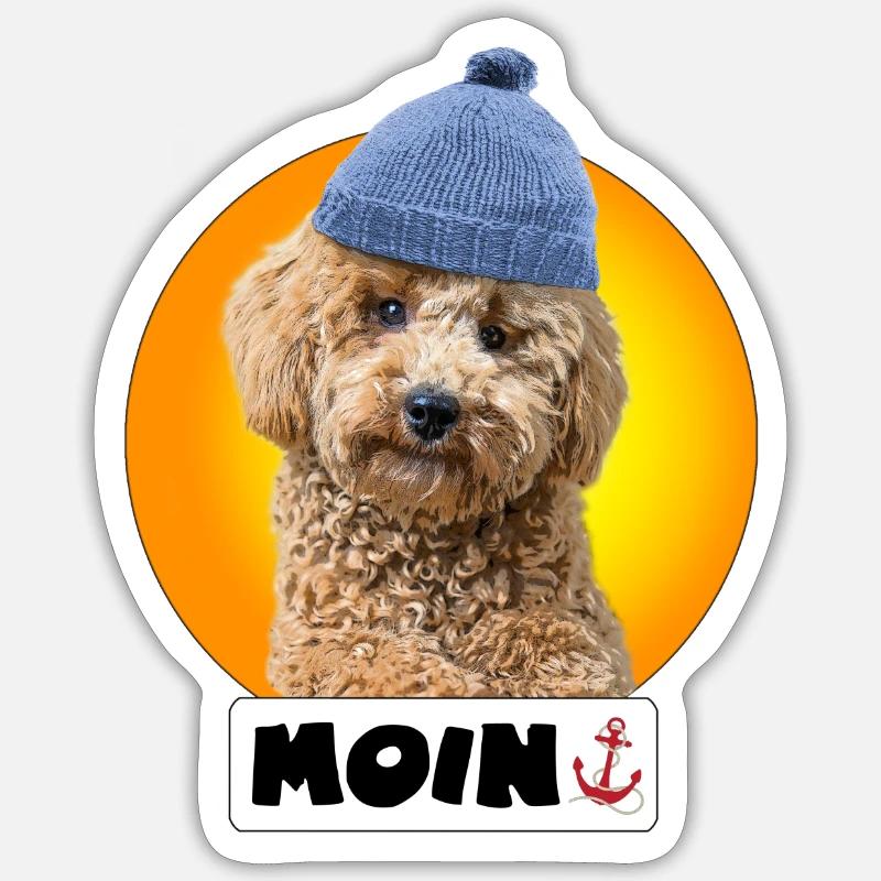 Pudel mit Pudelmütze "Moin" - Sticker Größe S (10 x 10 cm) - Mattweiß