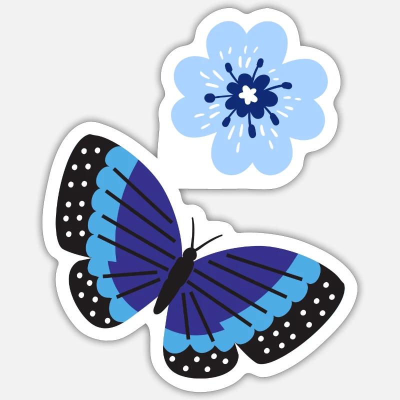 Blauer Schmetterling mit einer blauen Blume - Sticker Größe S (10 x 10 cm) - Mattweiß