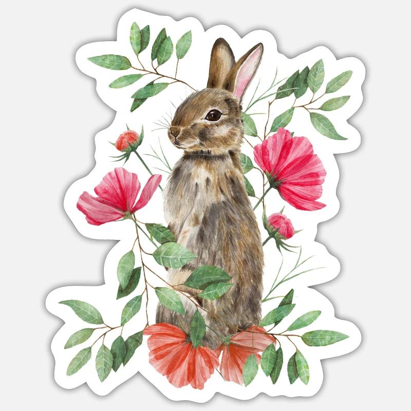 Lapin avec des fleurs - Sticker taille S (10 x 10 cm) - blanc mat
