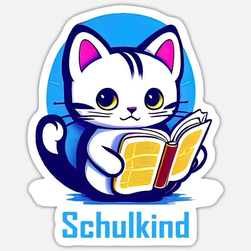 Schulkind Katze mit Buch - Sticker Größe S (10 x 10 cm) - Mattweiß
