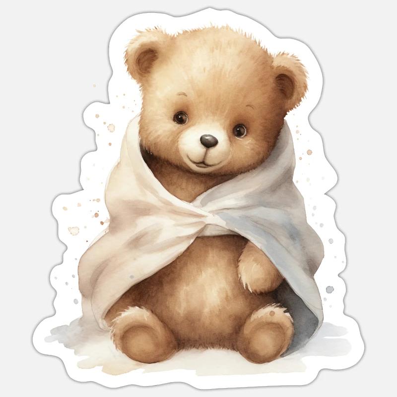 Bébé ours avec serviette, peint à la main Sticker taille S (10 x 10 cm)