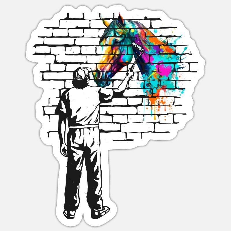 Pferd Backsteinmauer Bemalung - Sticker Größe S (10 x 10 cm) - Mattweiß