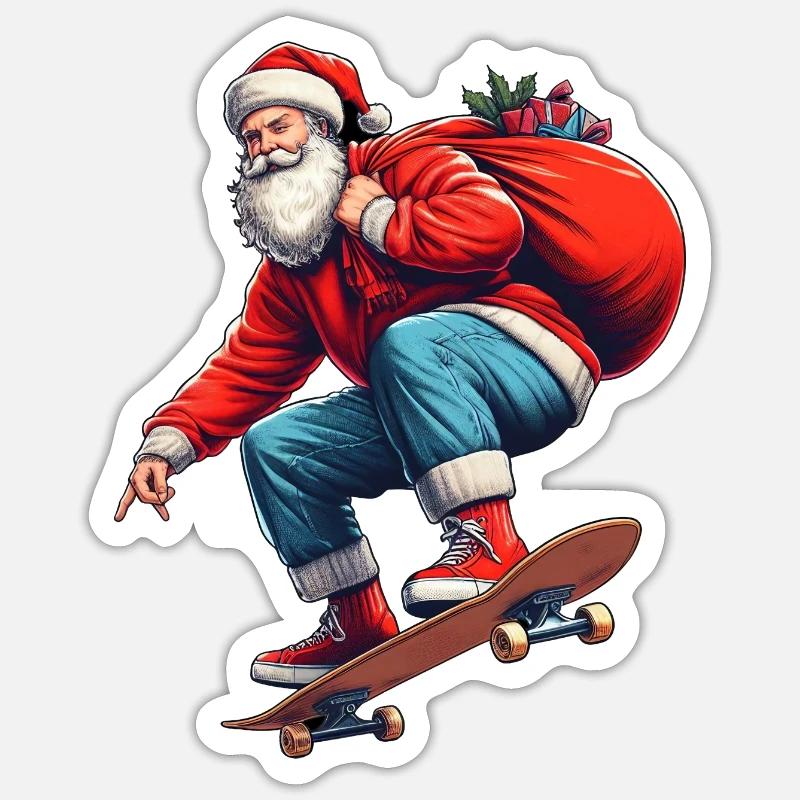 Retro-Weihnachtsmann springt mit einer Tüte voller Geschenke auf ein Brett Sticker Größe S (10 x 10 cm)