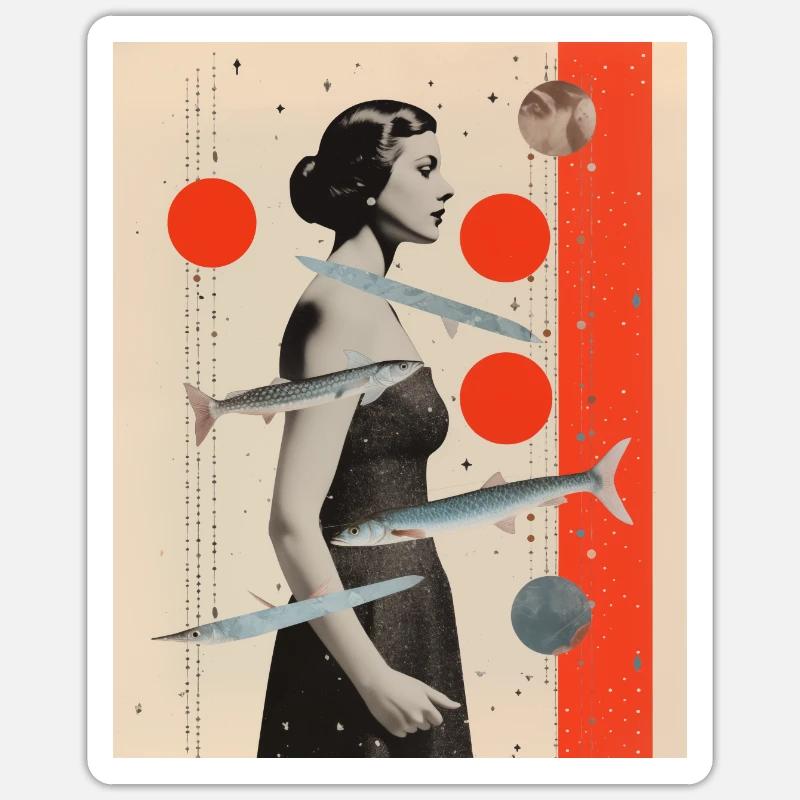 Poissons collage art astrologie - Sticker taille S (10 x 10 cm) - blanc mat