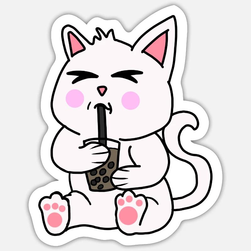 Bubble Tea Drinking White Cat Anime Kawaii - Sticker size S (10 x 10 cm) - white matte