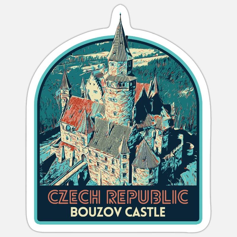 Illustration Château Bouzov, République Tchèque - Sticker taille S (10 x 10 cm) - blanc mat